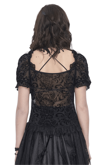Lace Blouse with Puff Sleeves and Fringe Accents